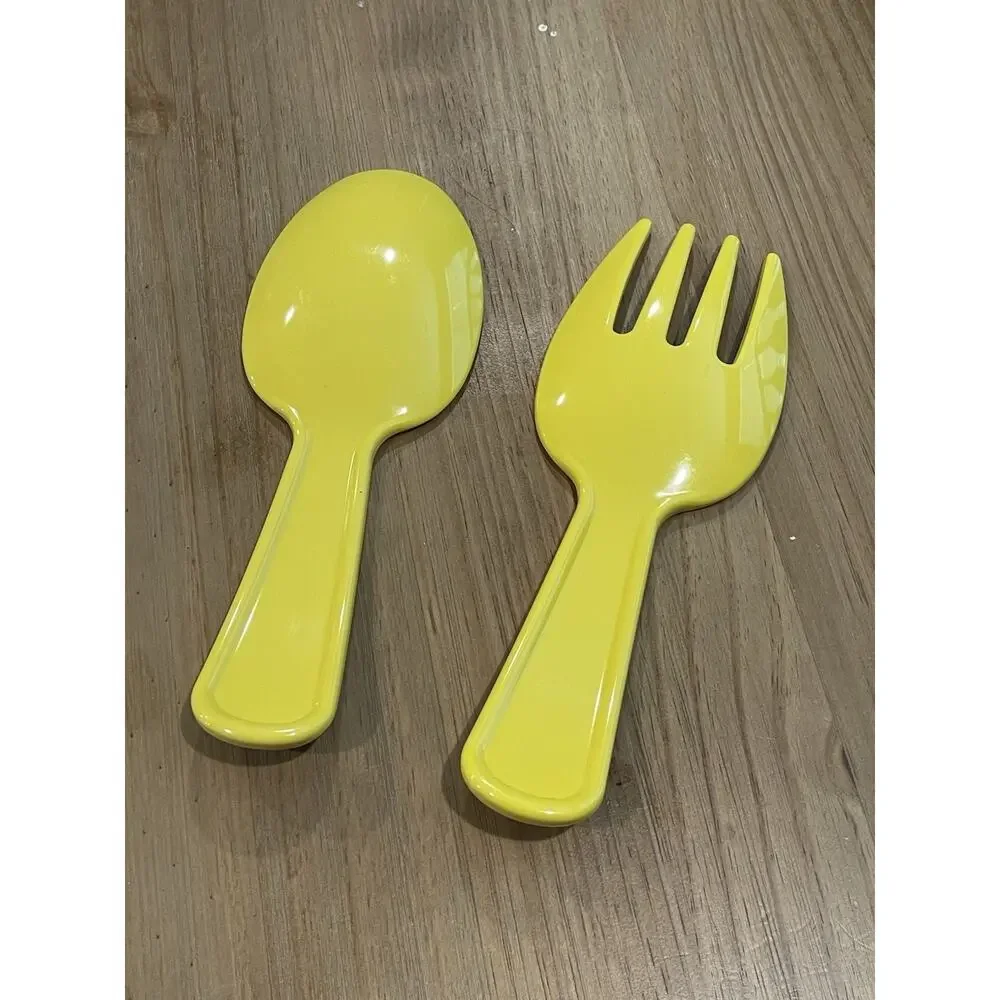 Vintage Salad Servers Decorative Cutlery Yellow Wood Design Spoon Fork Two Piece